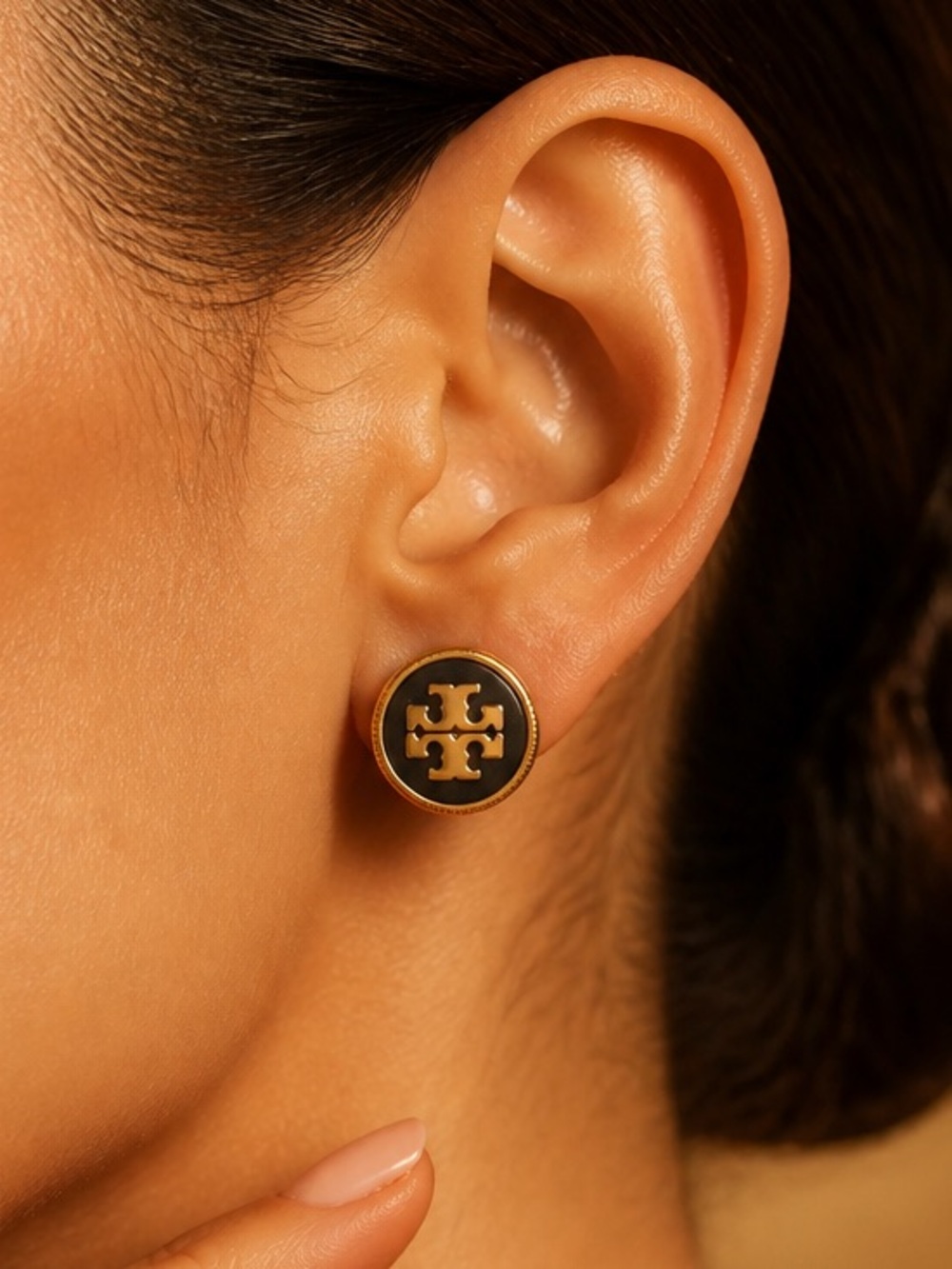 Tory Burch forest, green and Gold Round Logo Stud Earrings